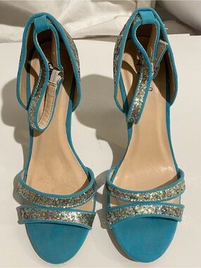 Qupid Women's 7 Teal Blue Sparkle Glitter Mermaidcore Disco Glam Stiletto Heels